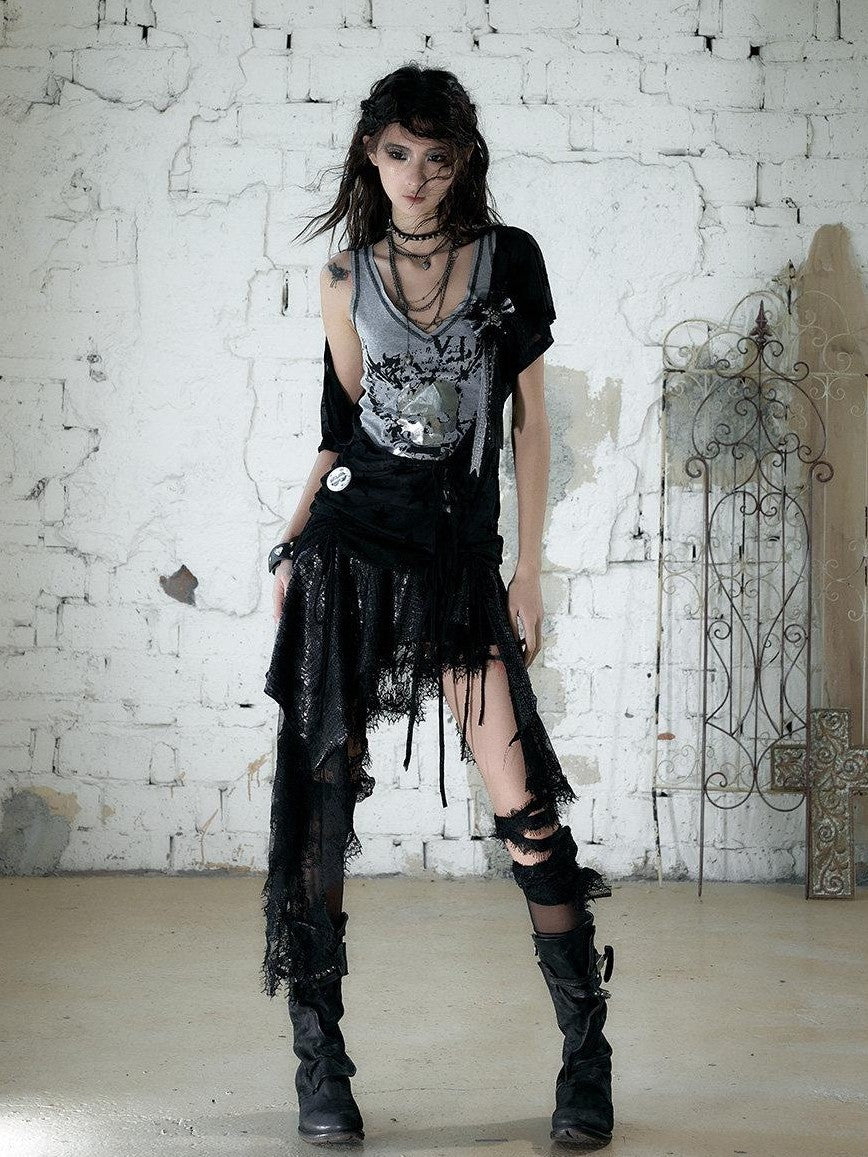 NO ROMANCE Asymmetrical Sleeve Printed Punk Striped Women&