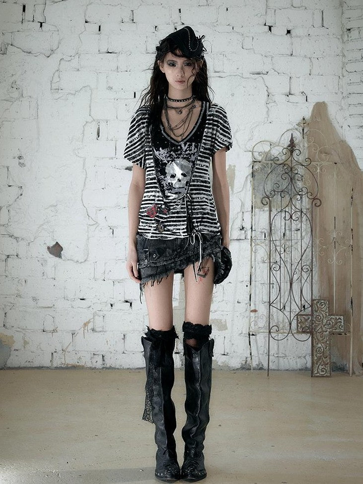 NO ROMANCE Asymmetrical Sleeve Printed Punk Striped Women&