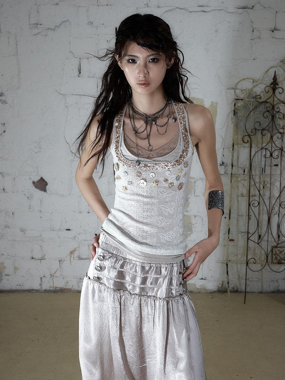 NO ROMANCE Ballet Punk Faux Layered Shell Button Slim Fit Lace Knitted Women&