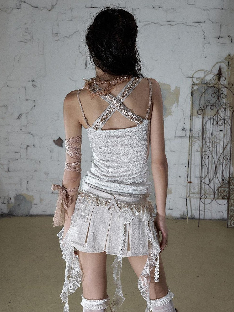 NO ROMANCE Ballet Punk Faux Layered Shell Button Slim Fit Lace Knitted Women&