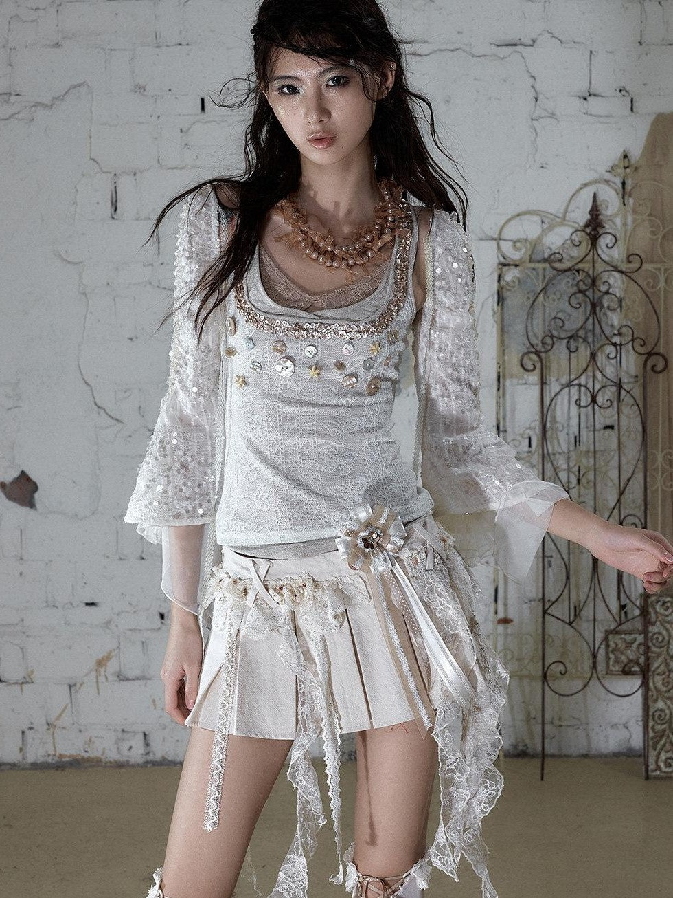 NO ROMANCE Baroque Ballet Lace Trim Asymmetrical Pleated High Waist Women&