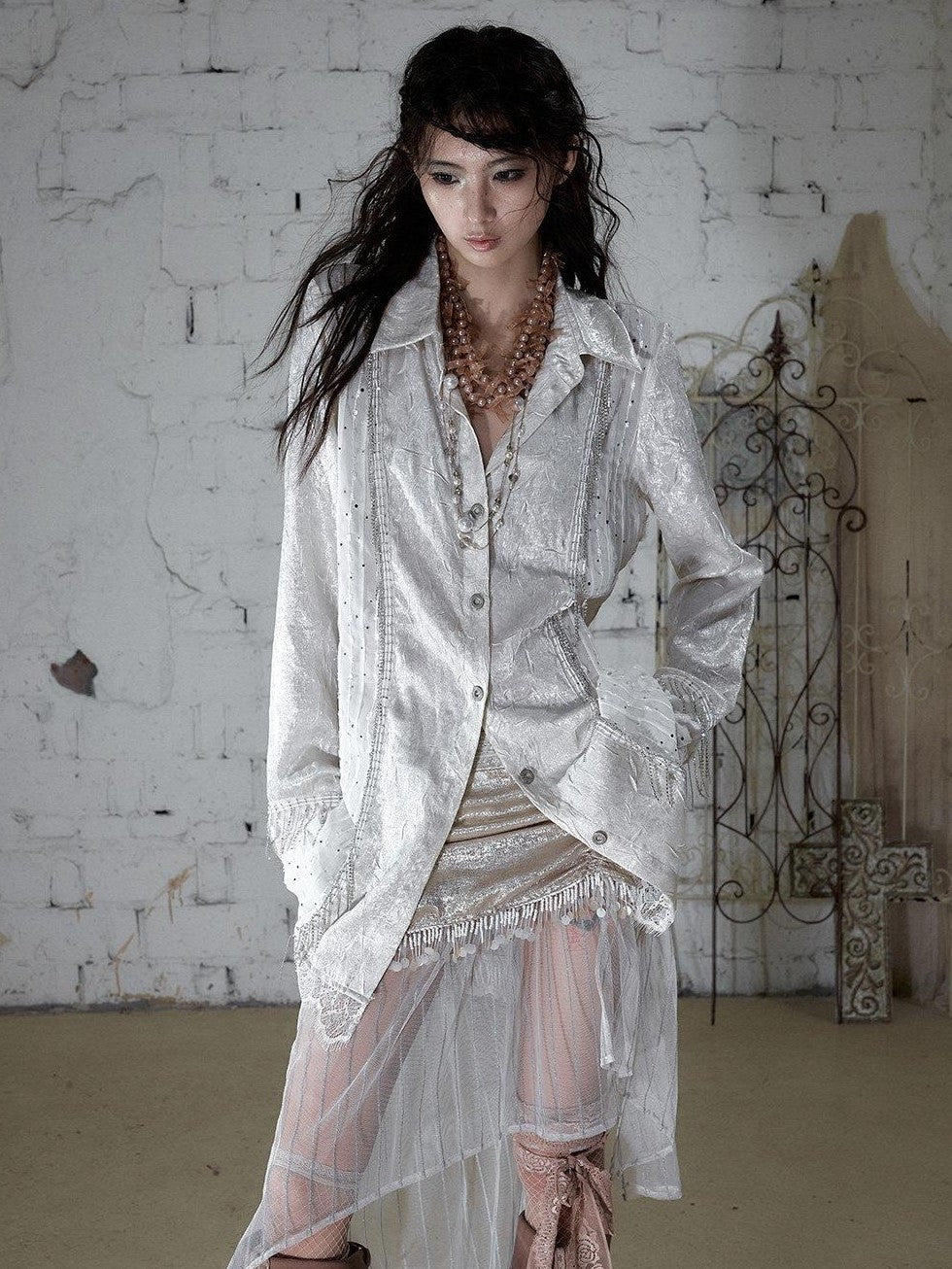 NO ROMANCE Baroque Chain Spliced Lapel Zipper Loose Women&