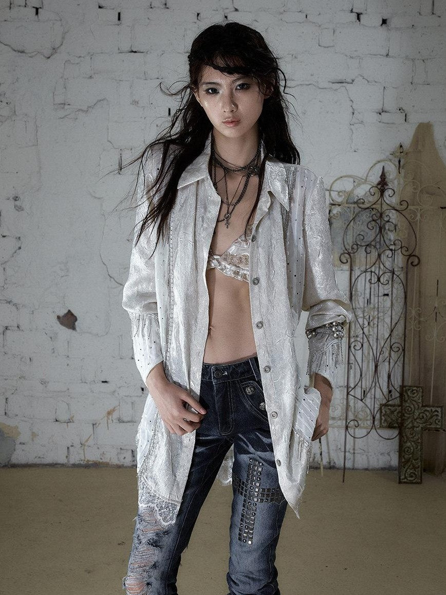 NO ROMANCE Baroque Chain Spliced Lapel Zipper Loose Women&