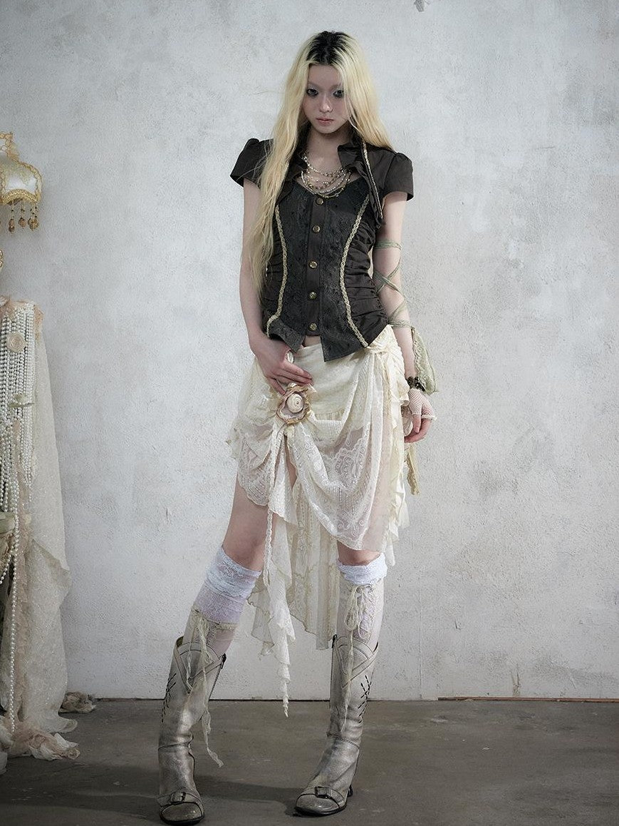 NO ROMANCE Baroque Lace Ruched Asymmetric Mermaid Women&