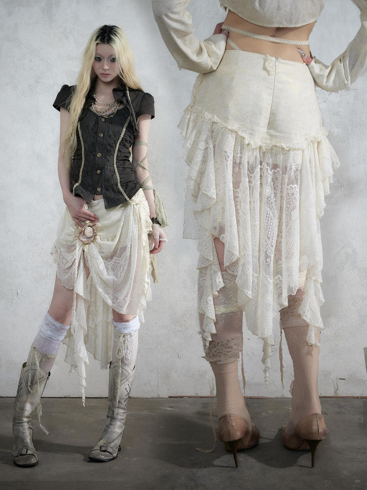 NO ROMANCE Baroque Lace Ruched Asymmetric Mermaid Women&