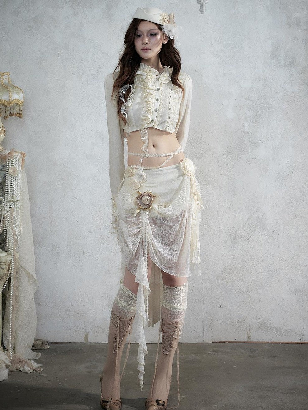 NO ROMANCE Baroque Lace Ruched Asymmetric Mermaid Women&