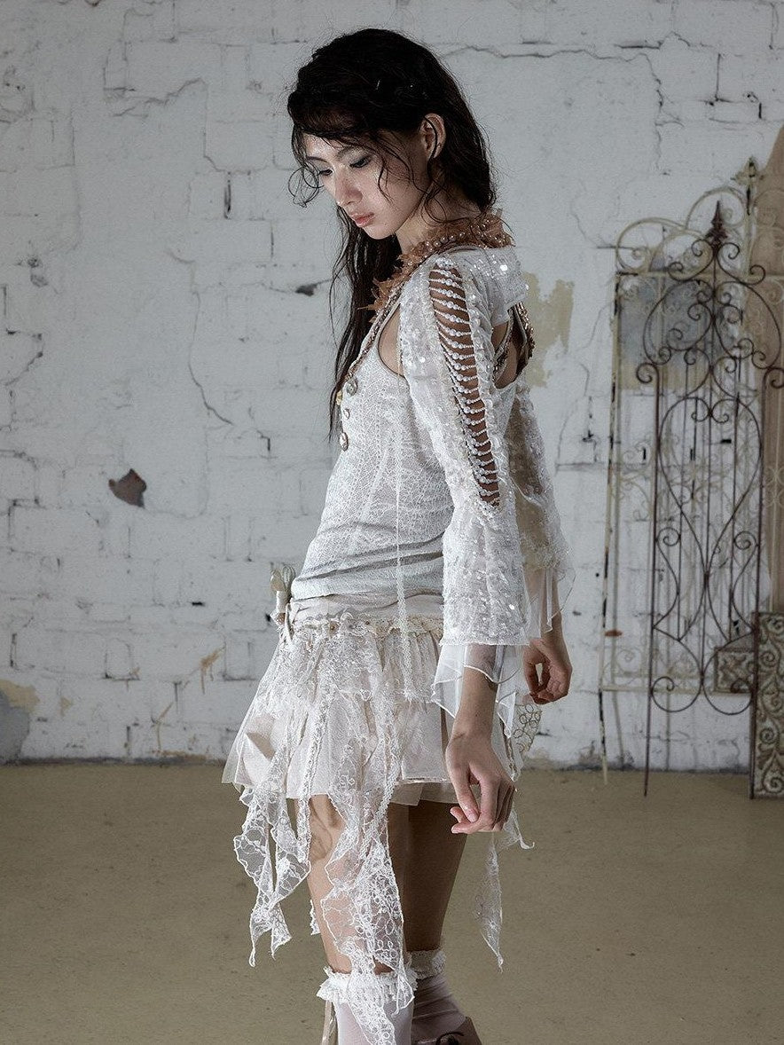 NO ROMANCE Baroque Pearl Chain Cutout Sequin Chiffon Women&