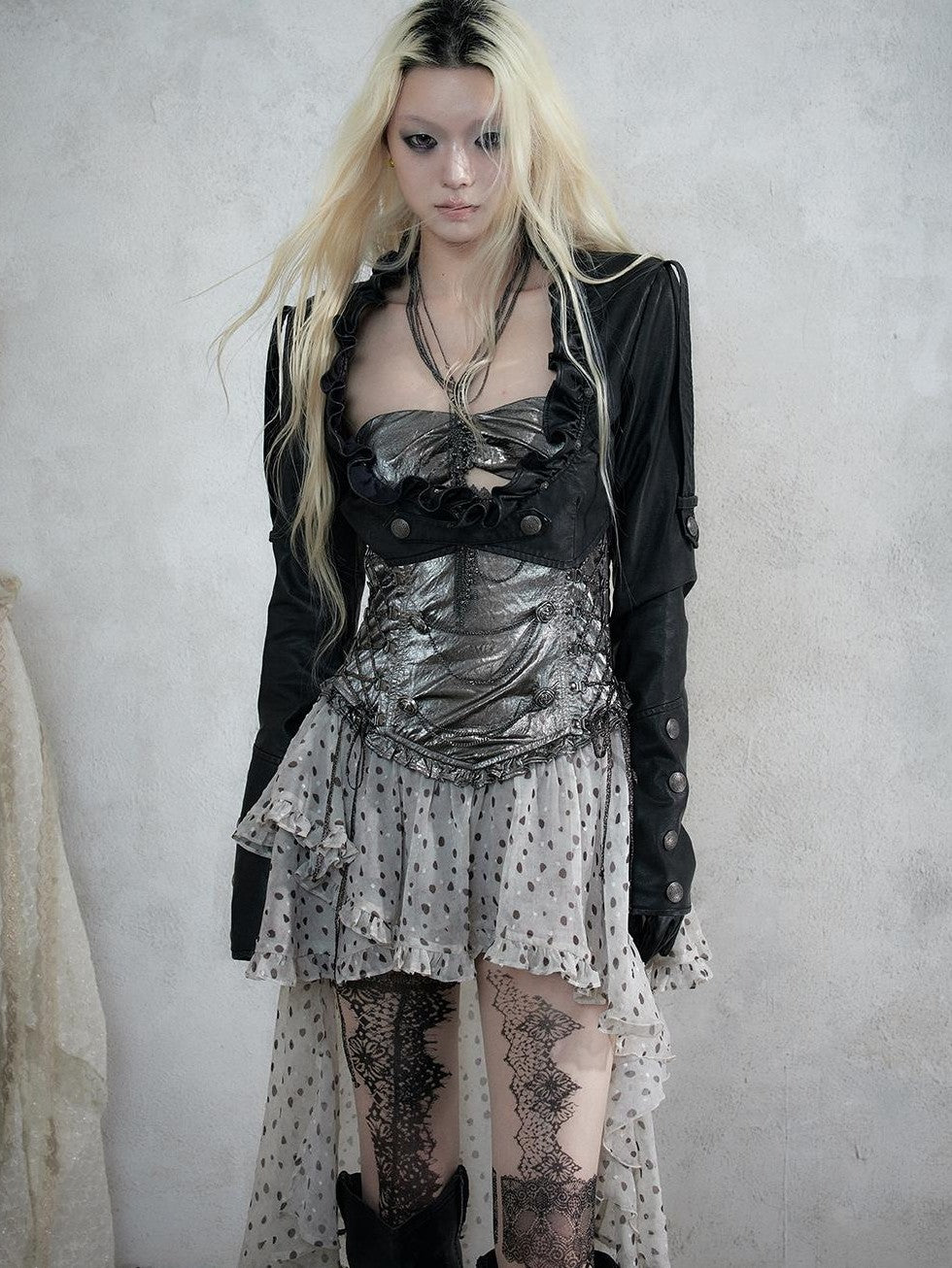 NO ROMANCE Baroque Punk Embroidered Low Neck Faux Leather Women&