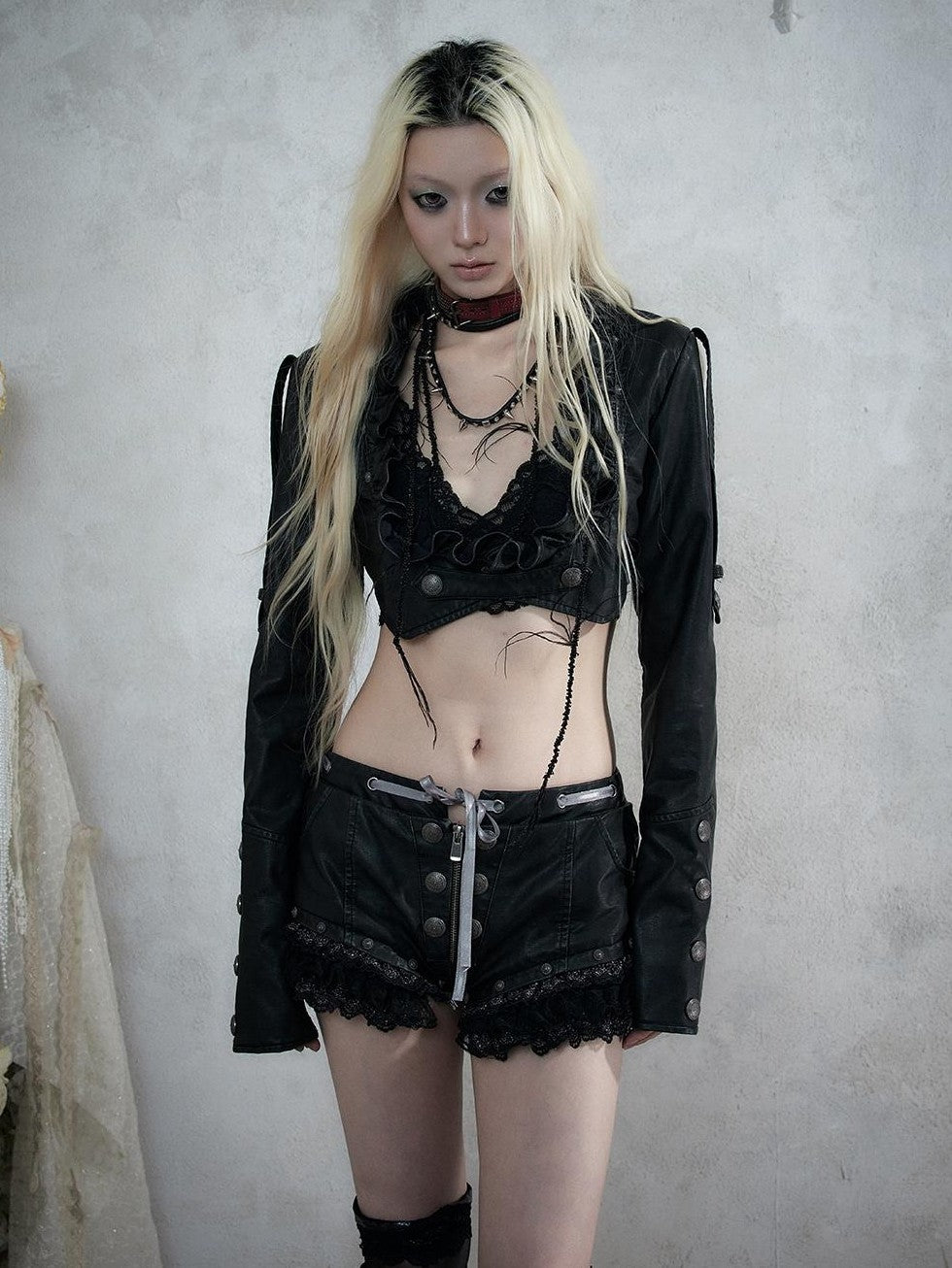 NO ROMANCE Baroque Punk Embroidered Low Neck Faux Leather Women&