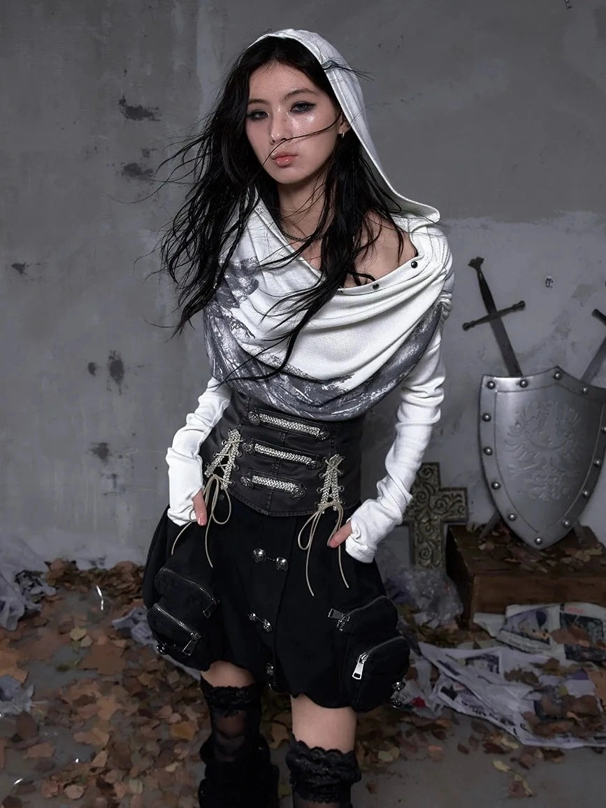 NO ROMANCE Botanical Floral Print Cinched Waist Cropped Long Sleeve Women Casual T-Shirt