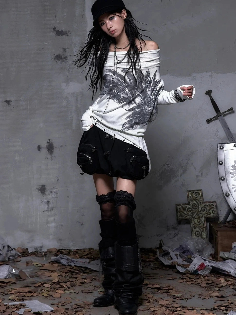 NO ROMANCE Botanical Floral Print Cinched Waist Cropped Long Sleeve Women Casual T-Shirt