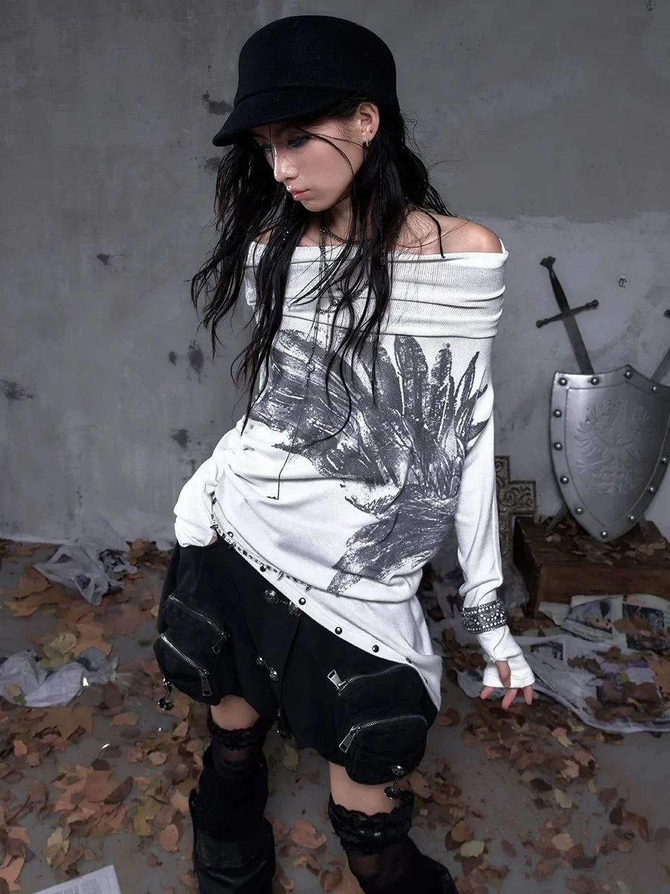 NO ROMANCE Botanical Floral Print Cinched Waist Cropped Long Sleeve Women Casual T-Shirt