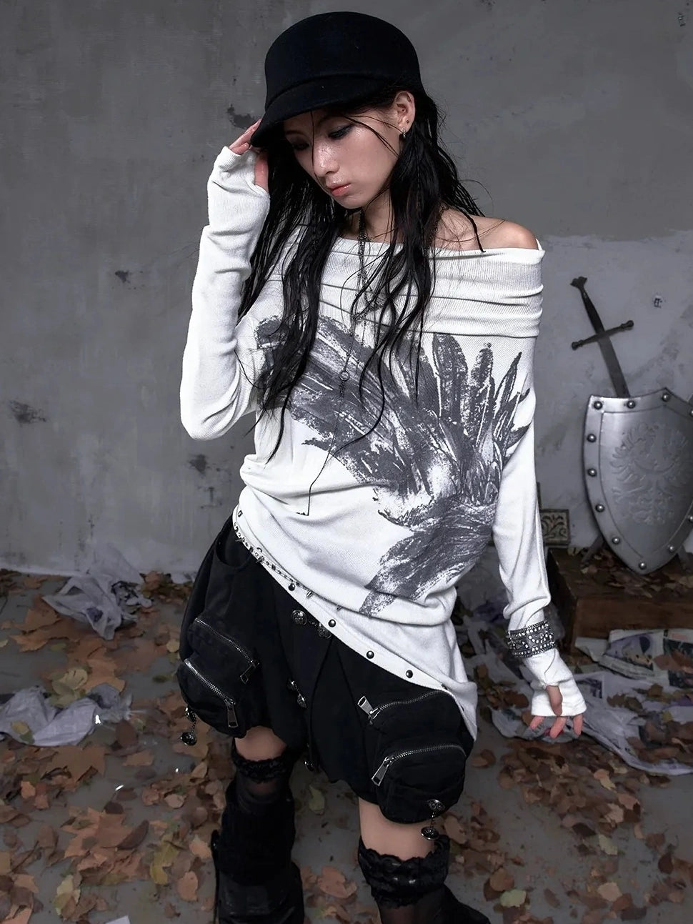 NO ROMANCE Botanical Floral Print Cinched Waist Cropped Long Sleeve Women Casual T-Shirt