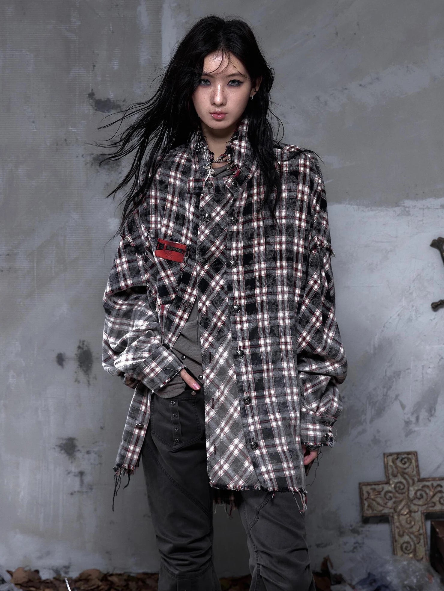 NO ROMANCE Brushed Cotton Detachable Plaid Loose Fit Stand Collar Long Sleeve Women Shirt