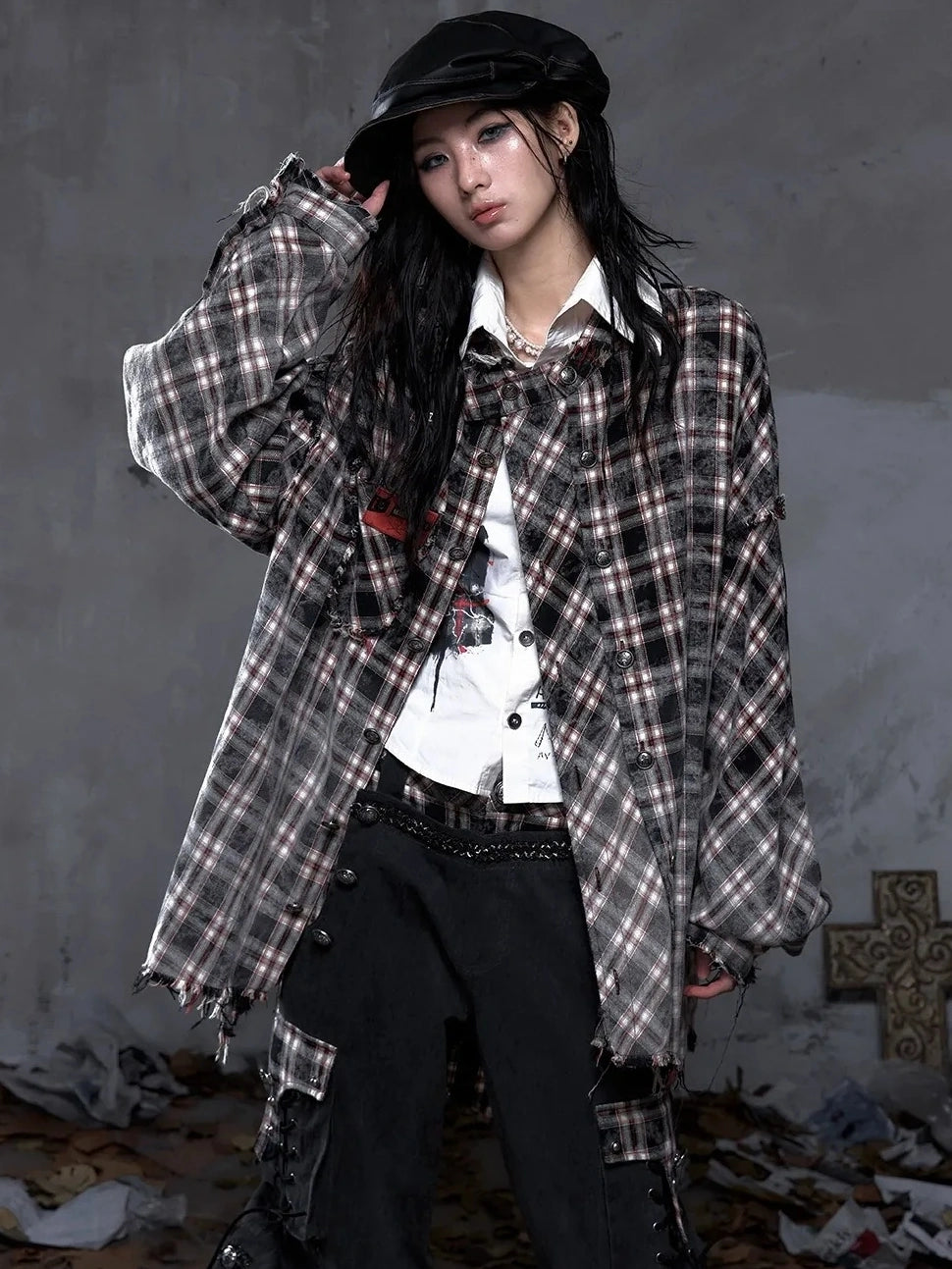 NO ROMANCE Brushed Cotton Detachable Plaid Loose Fit Stand Collar Long Sleeve Women Shirt