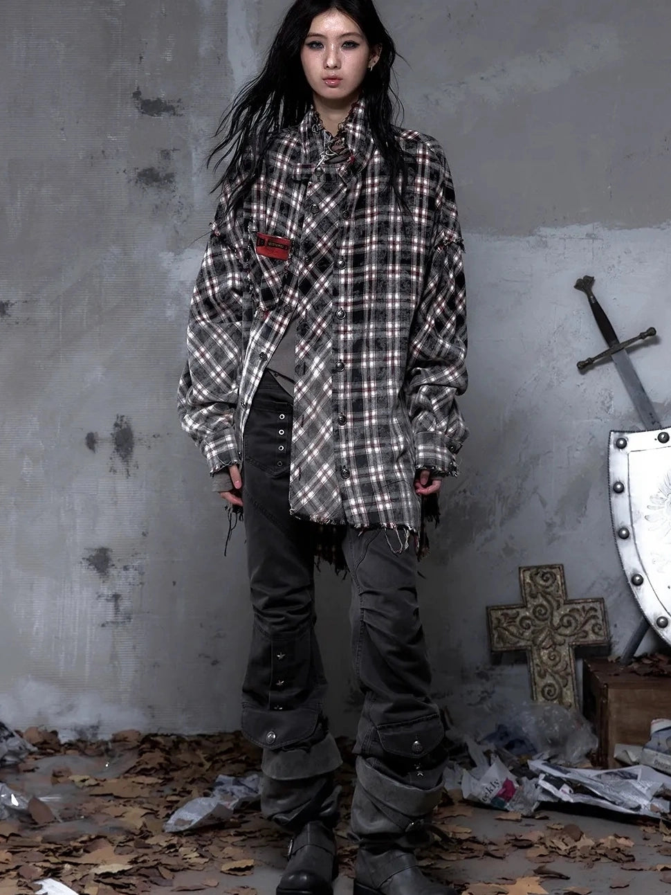 NO ROMANCE Brushed Cotton Detachable Plaid Loose Fit Stand Collar Long Sleeve Women Shirt