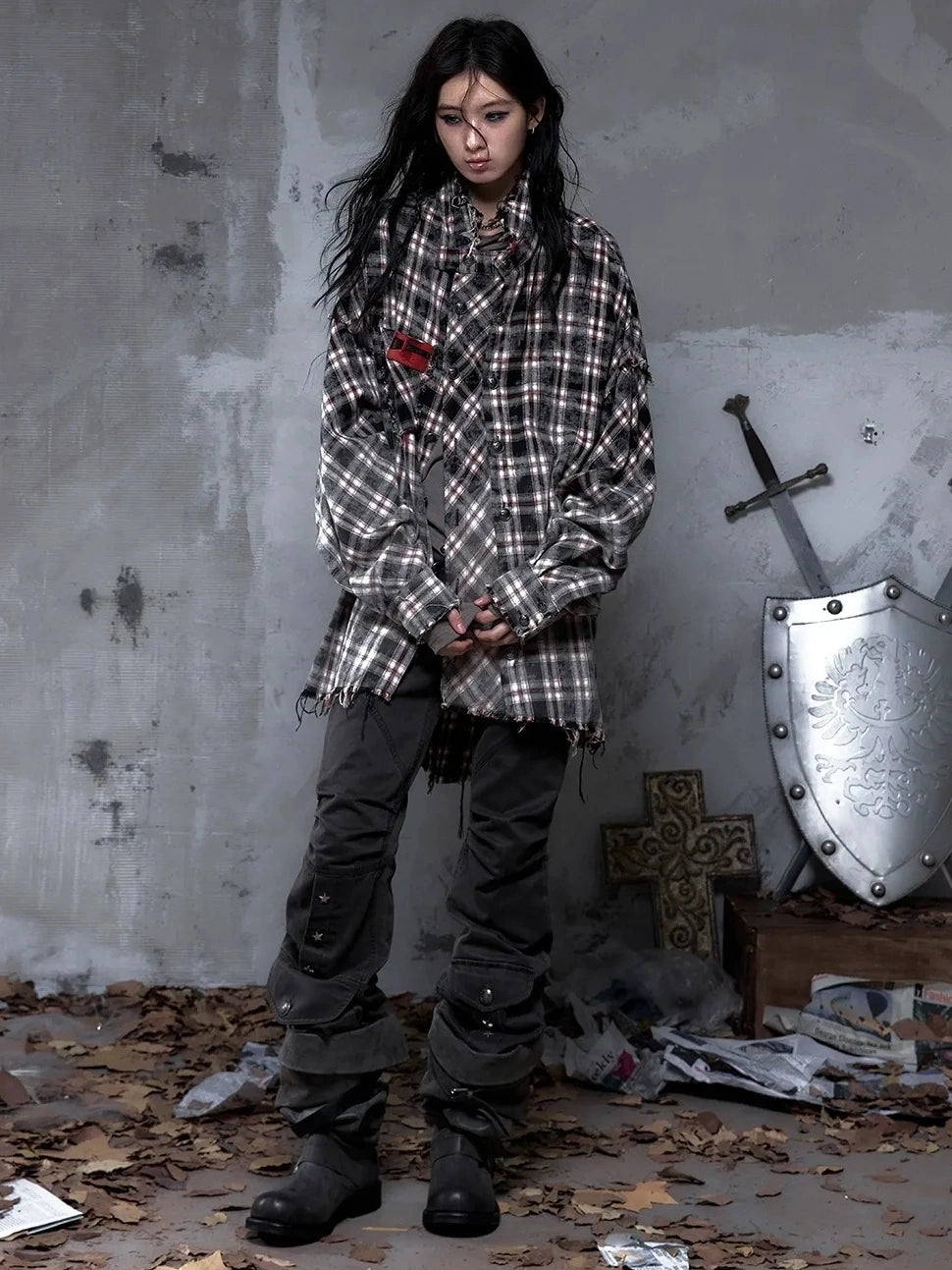 NO ROMANCE Brushed Cotton Detachable Plaid Loose Fit Stand Collar Long Sleeve Women Shirt