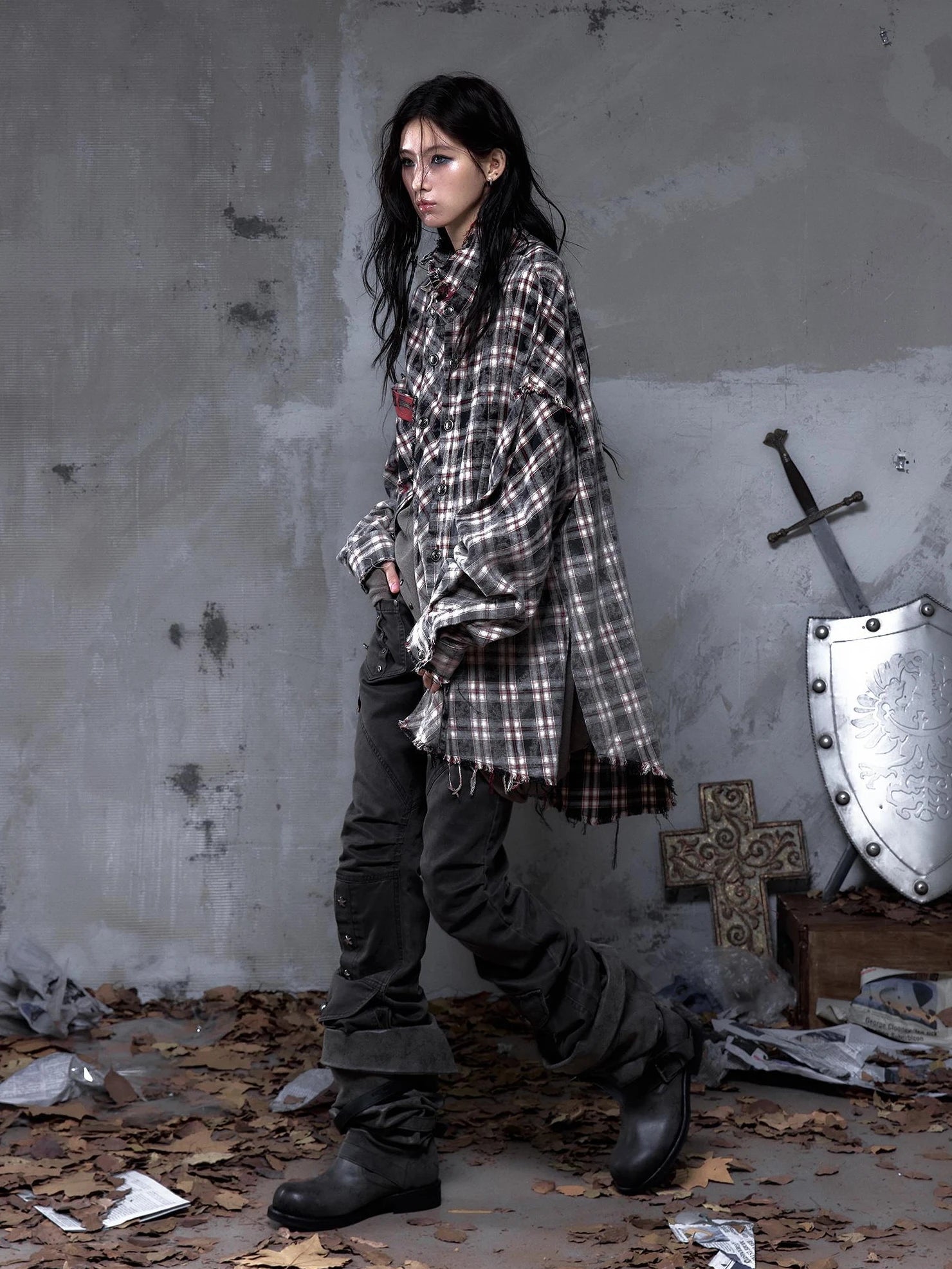 NO ROMANCE Brushed Cotton Detachable Plaid Loose Fit Stand Collar Long Sleeve Women Shirt