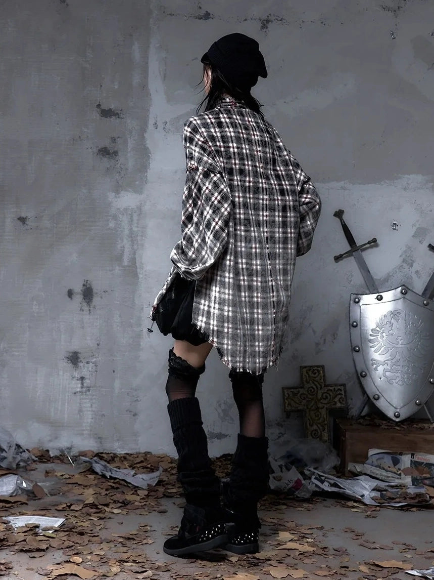 NO ROMANCE Brushed Cotton Detachable Plaid Loose Fit Stand Collar Long Sleeve Women Shirt