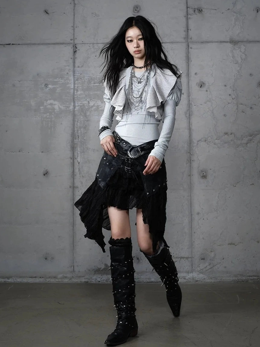 NO ROMANCE Butterfly Graphic Slim Fit Vintage Long Puff Sleeve Crew Neck Women T-Shirt