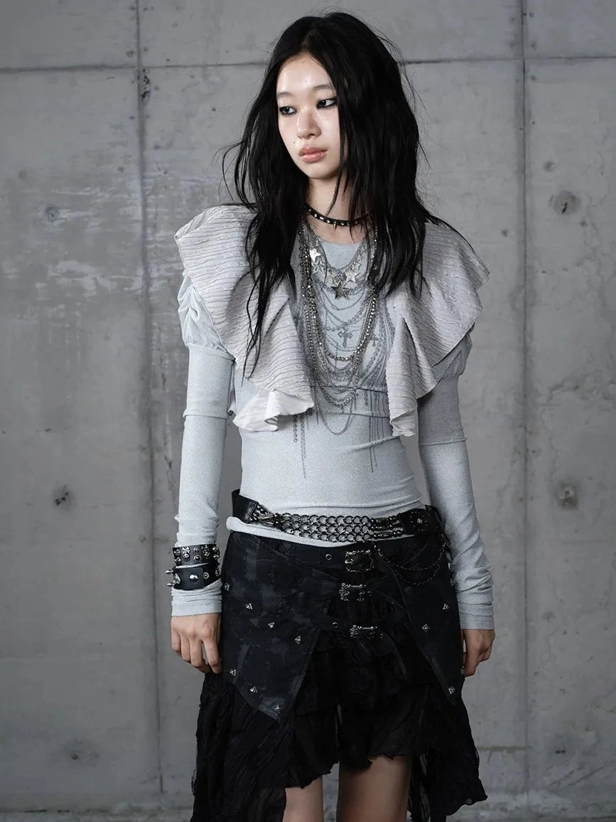 NO ROMANCE Butterfly Graphic Slim Fit Vintage Long Puff Sleeve Crew Neck Women T-Shirt