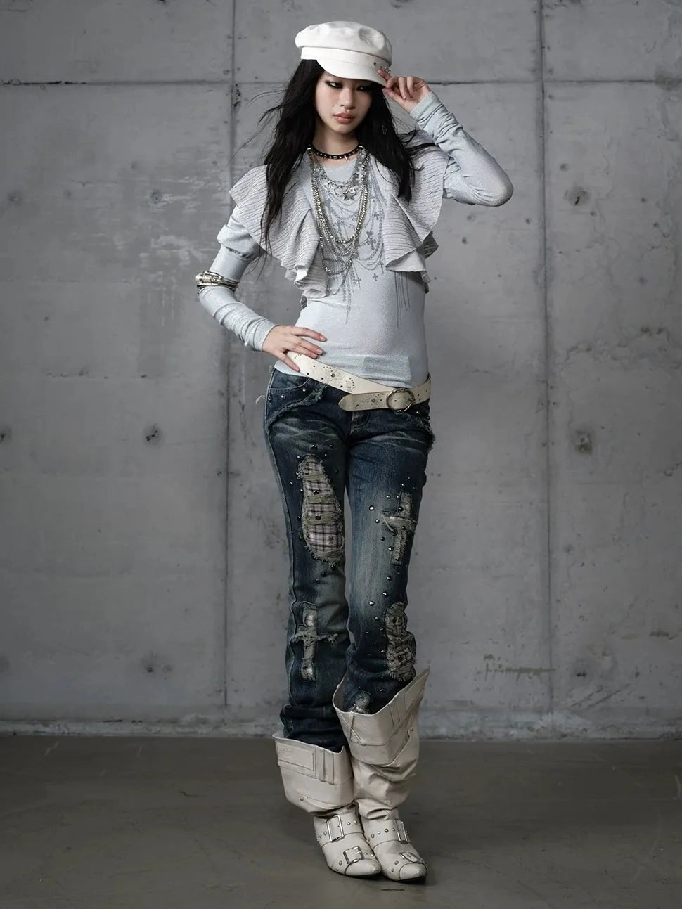 NO ROMANCE Butterfly Graphic Slim Fit Vintage Long Puff Sleeve Crew Neck Women T-Shirt