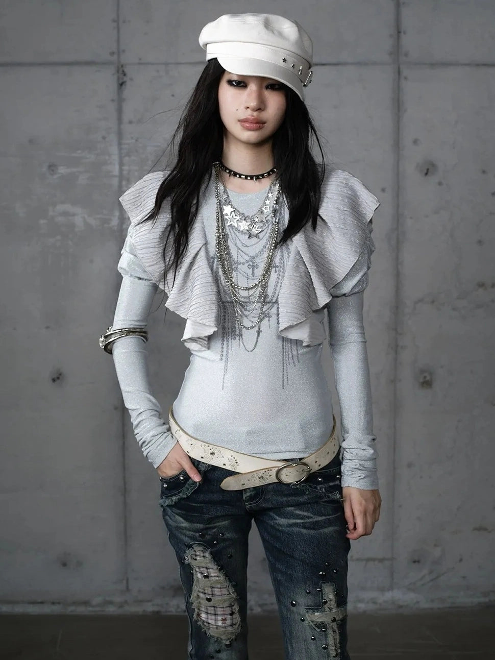 NO ROMANCE Butterfly Graphic Slim Fit Vintage Long Puff Sleeve Crew Neck Women T-Shirt