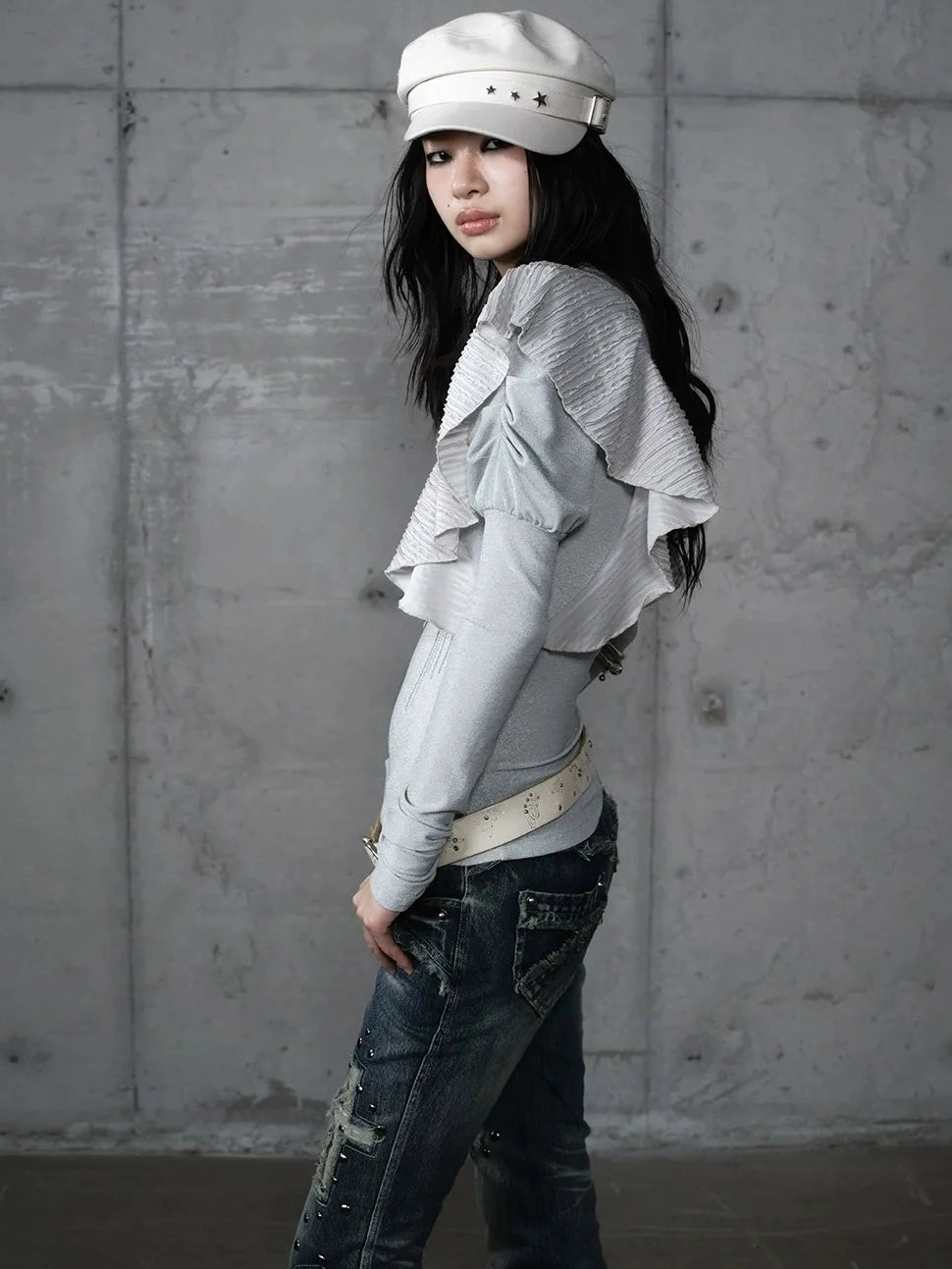 NO ROMANCE Butterfly Graphic Slim Fit Vintage Long Puff Sleeve Crew Neck Women T-Shirt