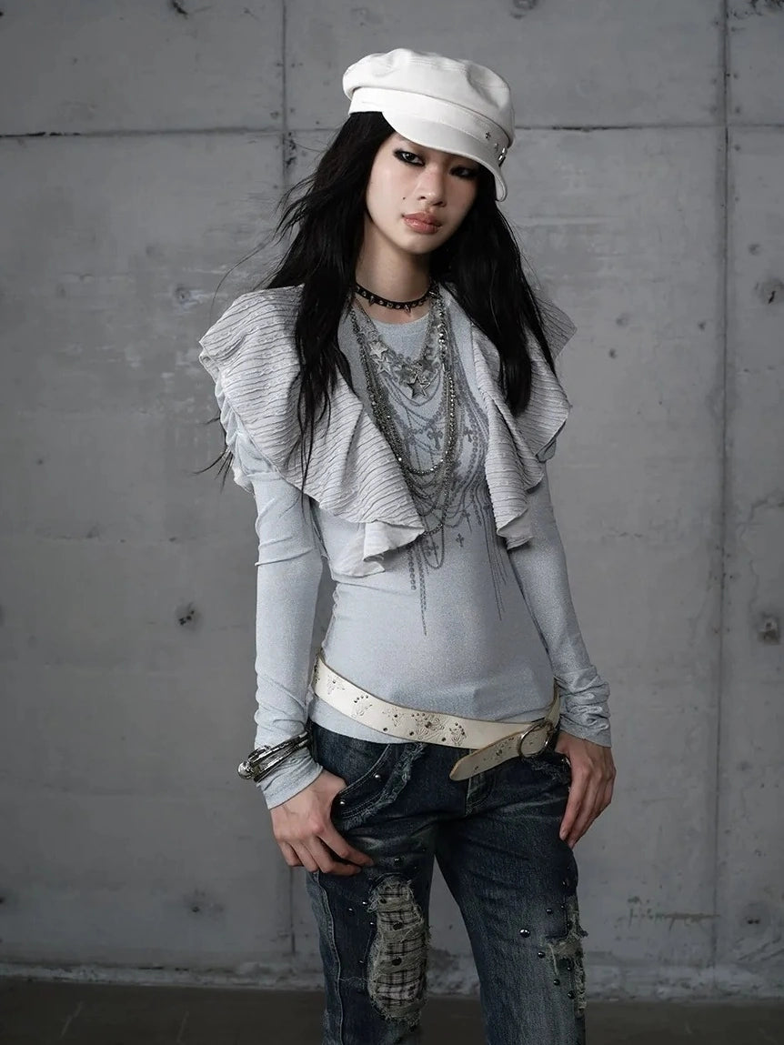 NO ROMANCE Butterfly Graphic Slim Fit Vintage Long Puff Sleeve Crew Neck Women T-Shirt