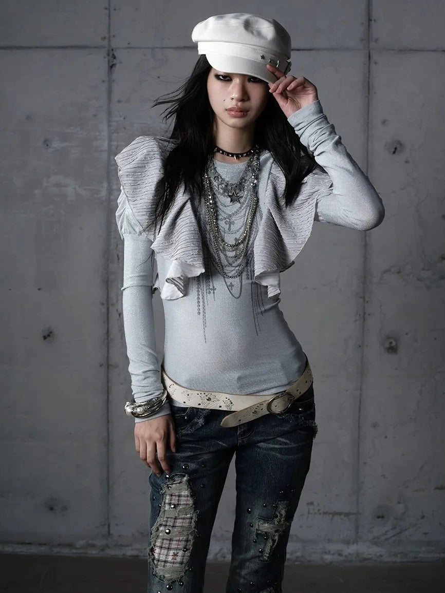 NO ROMANCE Butterfly Graphic Slim Fit Vintage Long Puff Sleeve Crew Neck Women T-Shirt