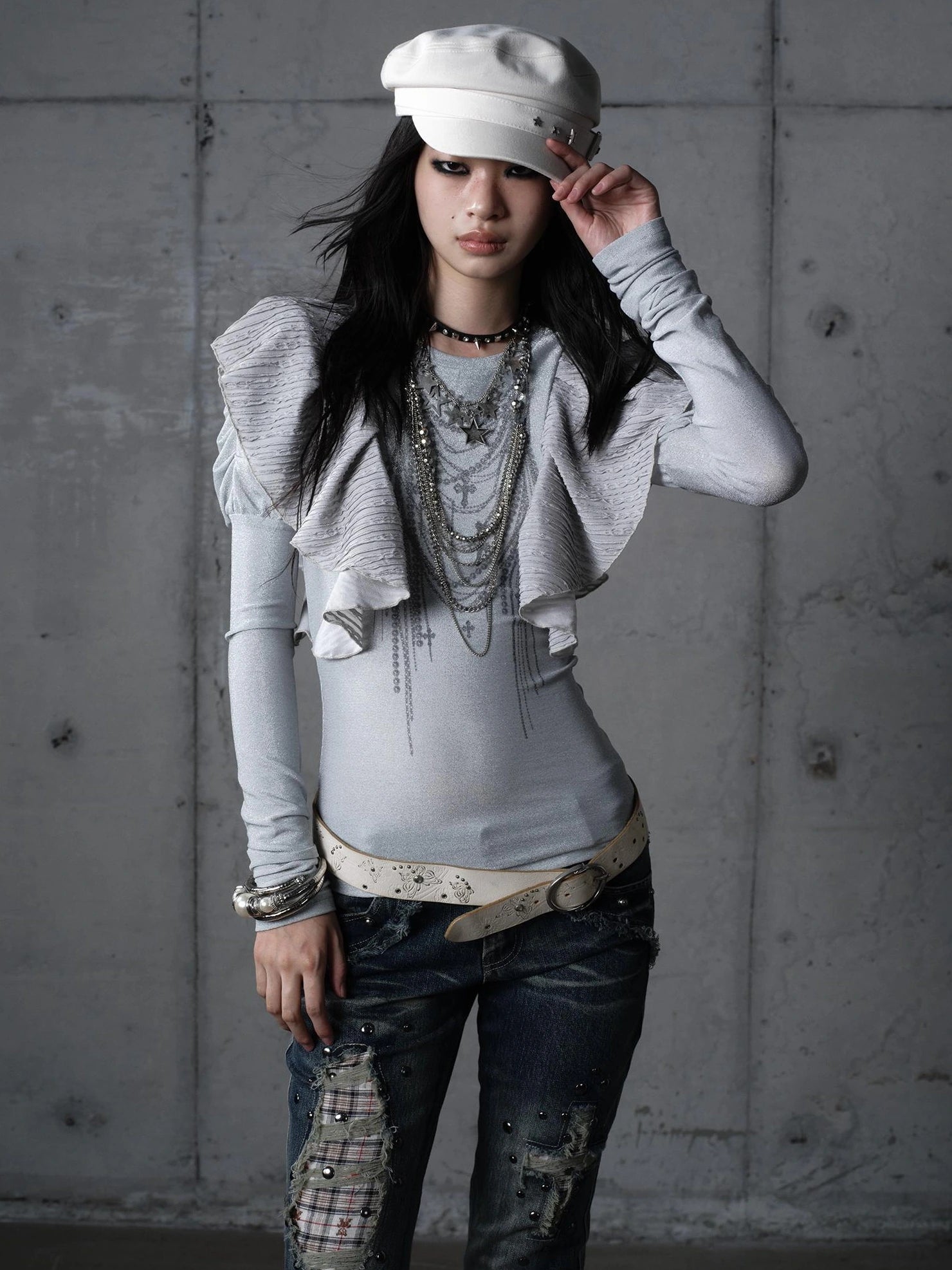 NO ROMANCE Butterfly Graphic Slim Fit Vintage Long Puff Sleeve Crew Neck Women T-Shirt