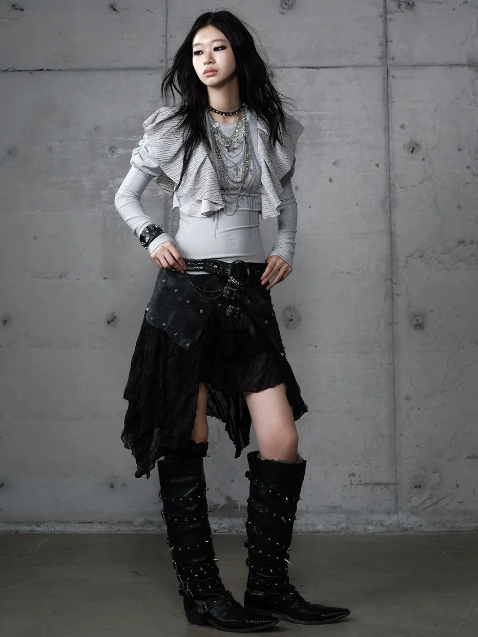 NO ROMANCE Butterfly Graphic Slim Fit Vintage Long Puff Sleeve Crew Neck Women T-Shirt