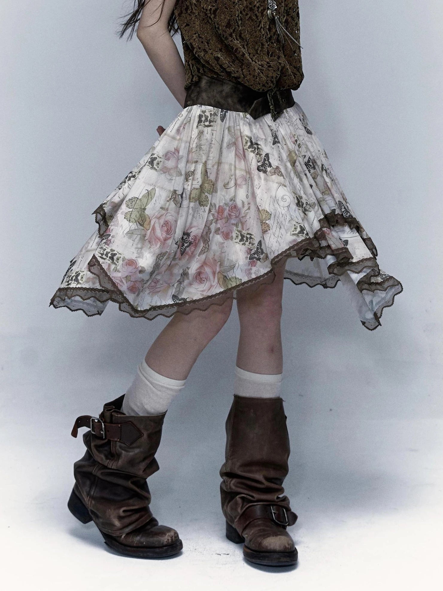 NO ROMANCE Classic Houndstooth Asymmetric Hem Midi Mid Rise Vintage Women Office Skirt