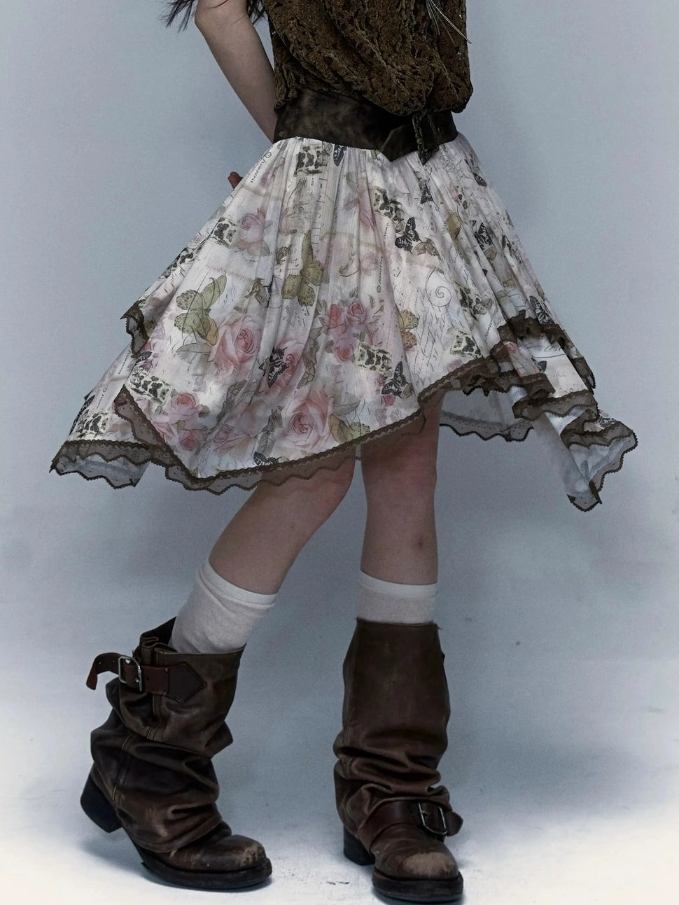 NO ROMANCE Classic Houndstooth Asymmetric Hem Midi Mid Rise Vintage Women Office Skirt