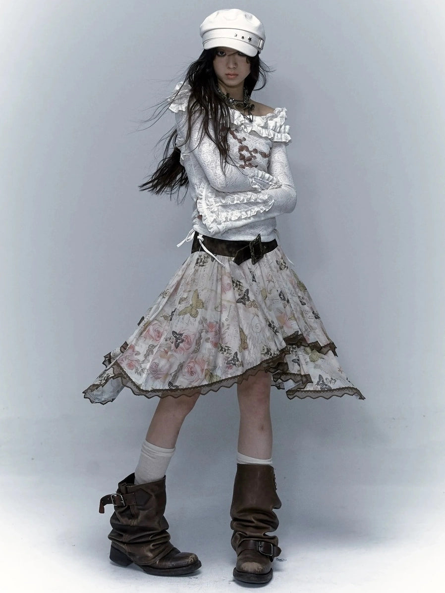 NO ROMANCE Classic Houndstooth Asymmetric Hem Midi Mid Rise Vintage Women Office Skirt