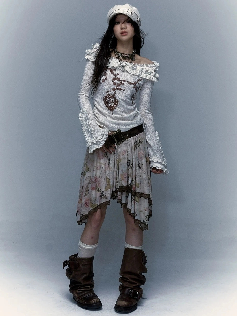 NO ROMANCE Classic Houndstooth Asymmetric Hem Midi Mid Rise Vintage Women Office Skirt