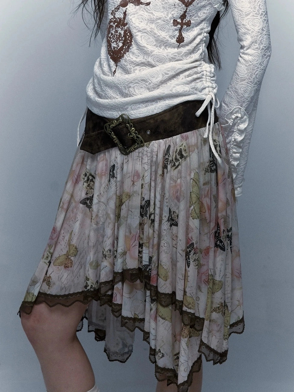 NO ROMANCE Classic Houndstooth Asymmetric Hem Midi Mid Rise Vintage Women Office Skirt