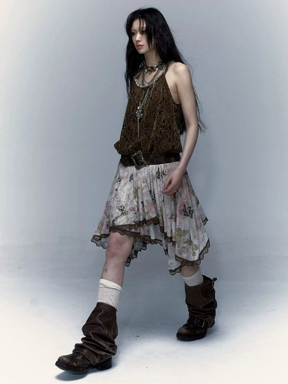 NO ROMANCE Classic Houndstooth Asymmetric Hem Midi Mid Rise Vintage Women Office Skirt