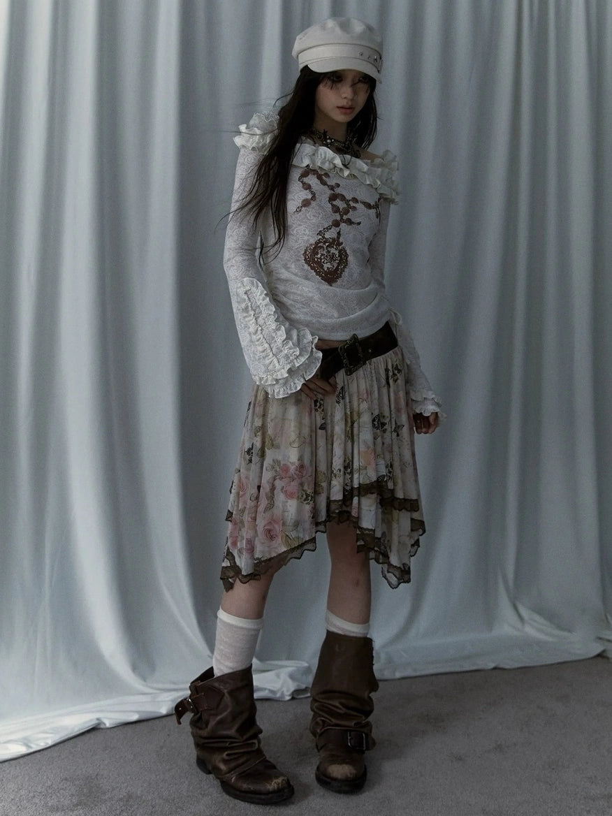 NO ROMANCE Classic Houndstooth Asymmetric Hem Midi Mid Rise Vintage Women Office Skirt