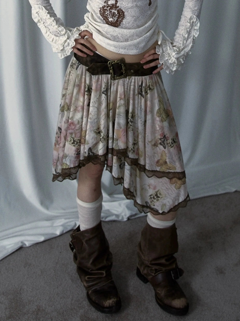 NO ROMANCE Classic Houndstooth Asymmetric Hem Midi Mid Rise Vintage Women Office Skirt