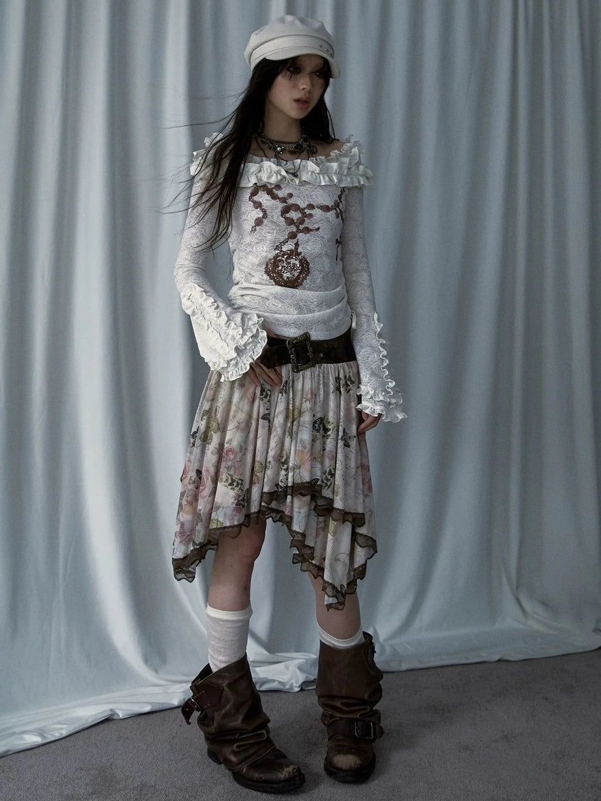 NO ROMANCE Classic Houndstooth Asymmetric Hem Midi Mid Rise Vintage Women Office Skirt