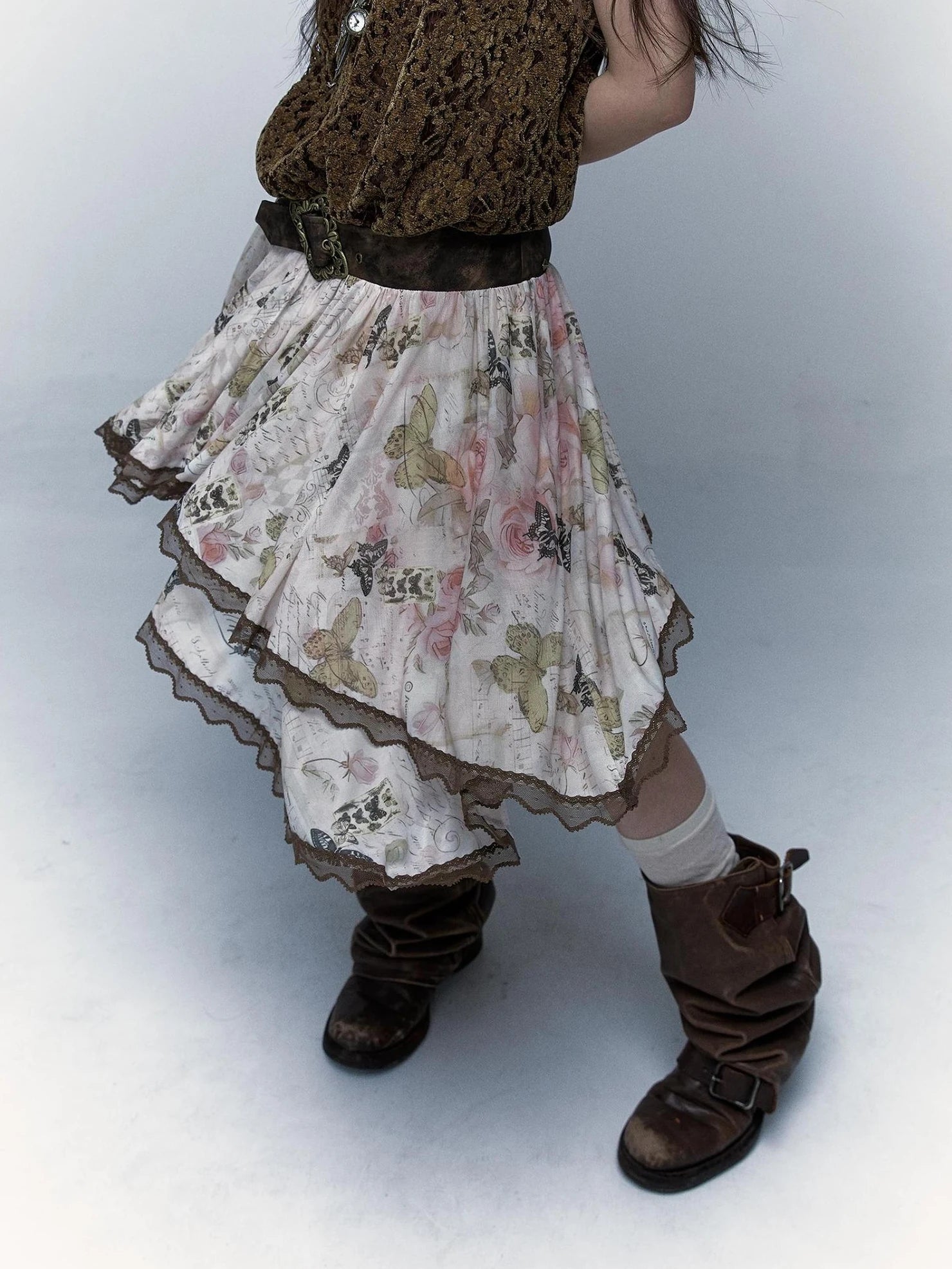 NO ROMANCE Classic Houndstooth Asymmetric Hem Midi Mid Rise Vintage Women Office Skirt