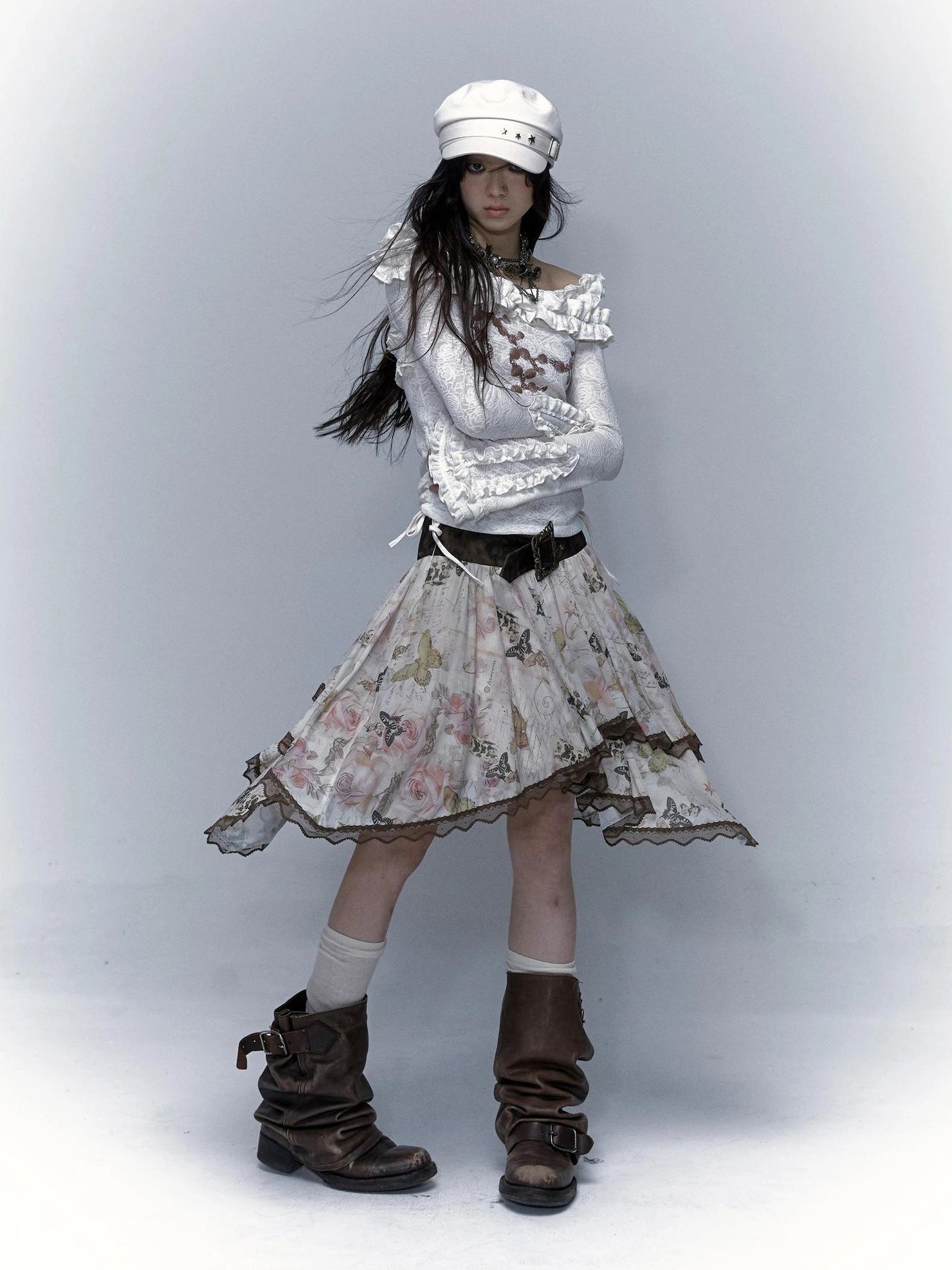 NO ROMANCE Classic Houndstooth Asymmetric Hem Midi Mid Rise Vintage Women Office Skirt