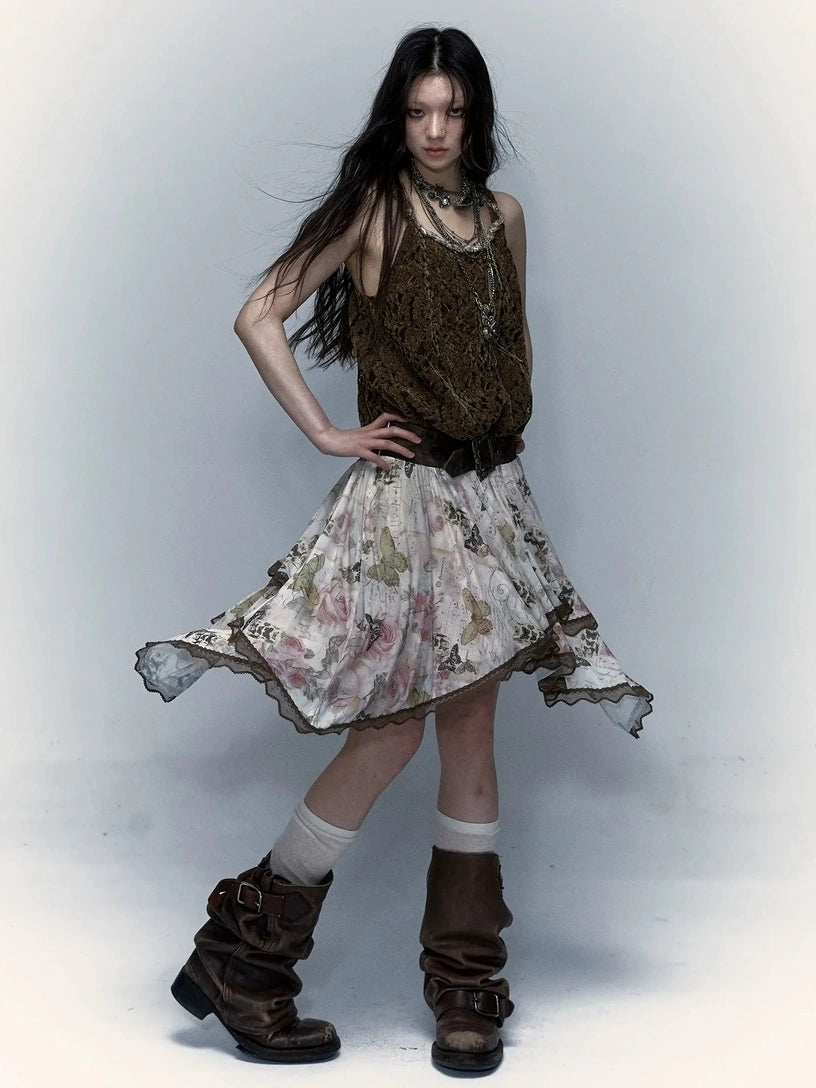 NO ROMANCE Classic Houndstooth Asymmetric Hem Midi Mid Rise Vintage Women Office Skirt