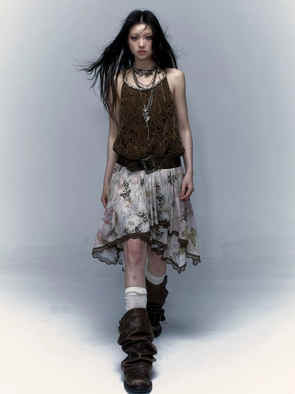 NO ROMANCE Classic Houndstooth Asymmetric Hem Midi Mid Rise Vintage Women Office Skirt