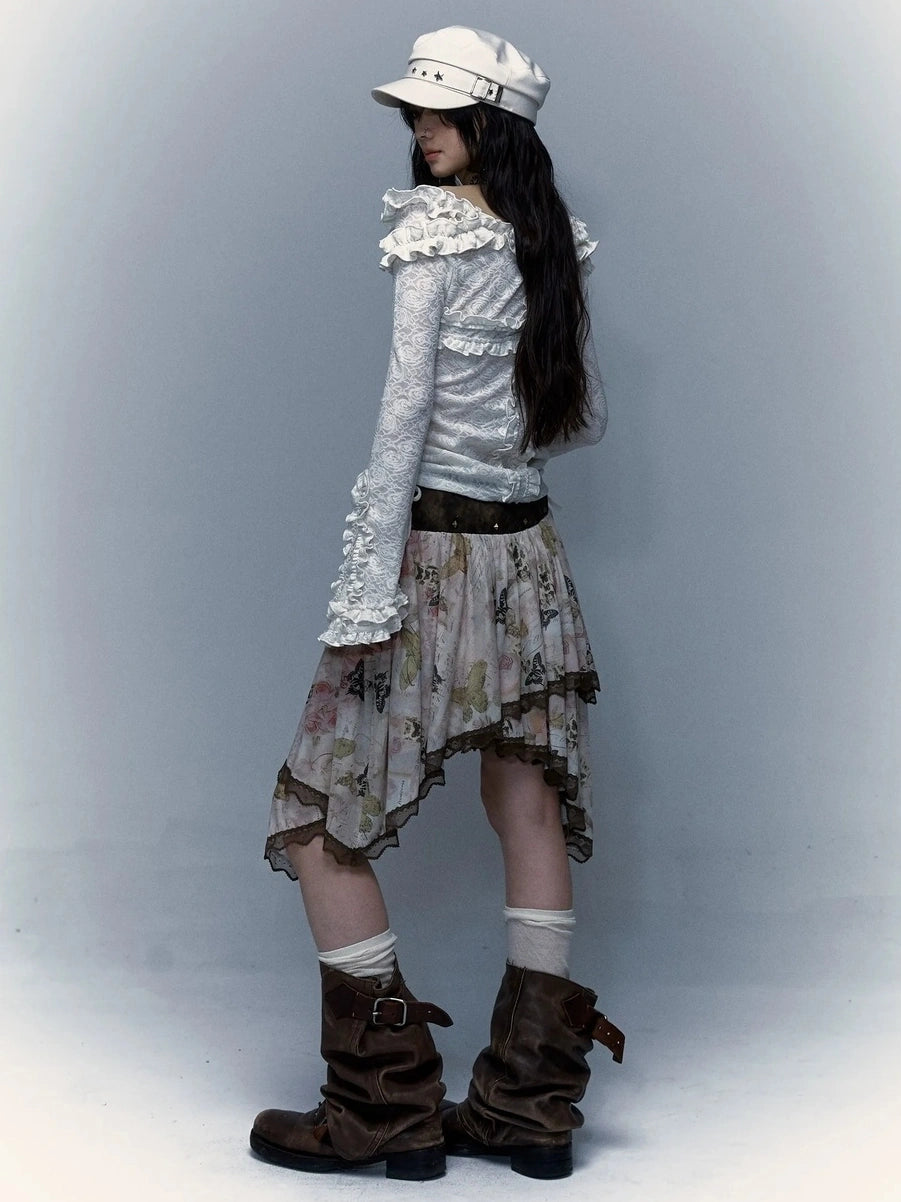 NO ROMANCE Classic Houndstooth Asymmetric Hem Midi Mid Rise Vintage Women Office Skirt