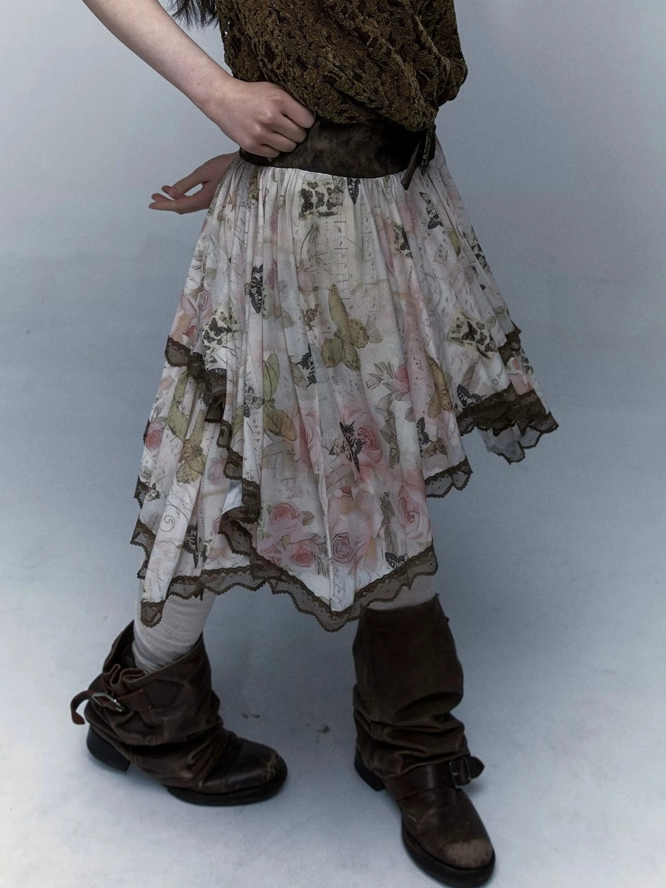 NO ROMANCE Classic Houndstooth Asymmetric Hem Midi Mid Rise Vintage Women Office Skirt