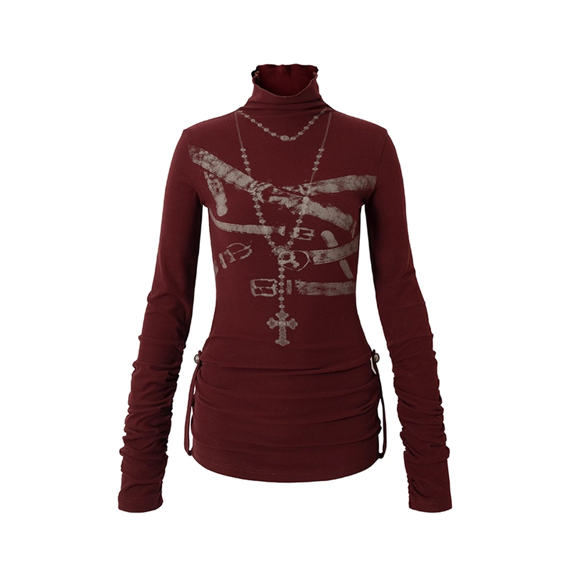 NO_ROMANCE_Cotton_Blend_Printed_Slim_Fit_High_Neck_Long_Sleeve_Street_Punk_Women_T-Shirt_MISSTT