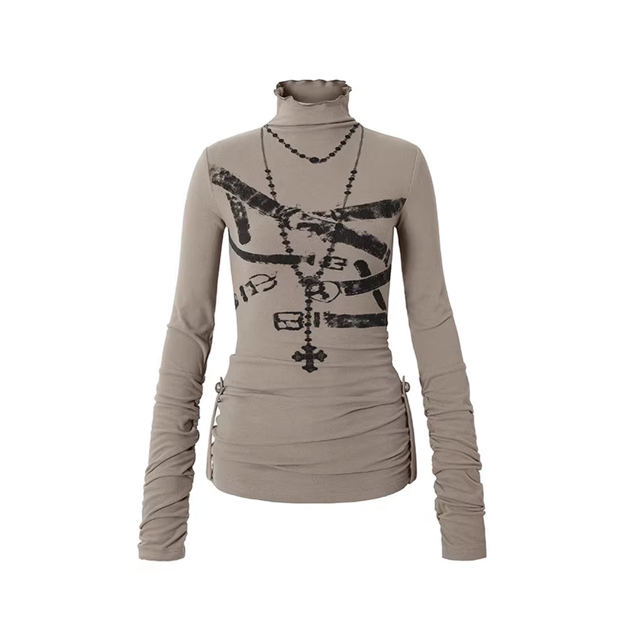 NO_ROMANCE_Cotton_Blend_Printed_Slim_Fit_High_Neck_Long_Sleeve_Street_Punk_Women_T-Shirt_MISSTT