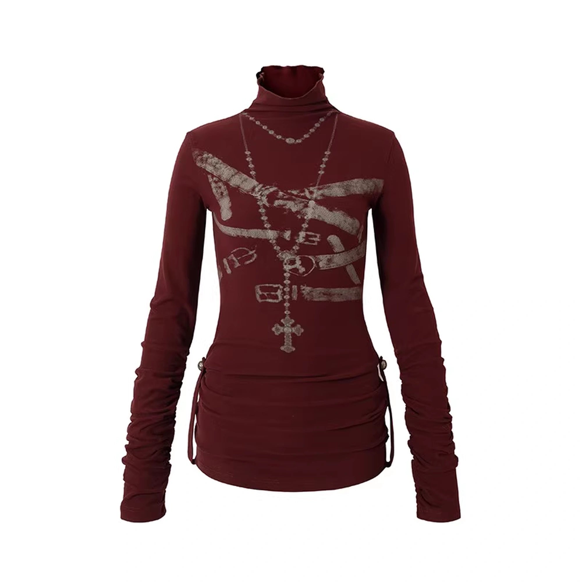 NO_ROMANCE_Cotton_Blend_Printed_Slim_Fit_High_Neck_Long_Sleeve_Street_Punk_Women_T-Shirt_MISSTT